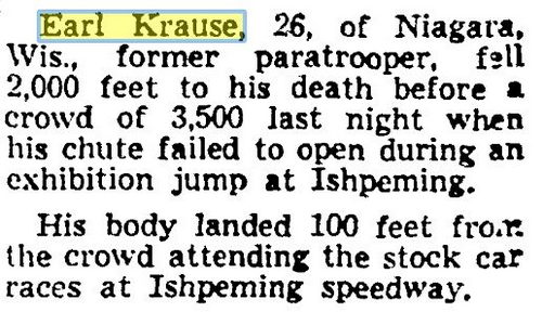 July 5 1952 earl krause skydiving accident Ishpeming Speedway, Ishpeming